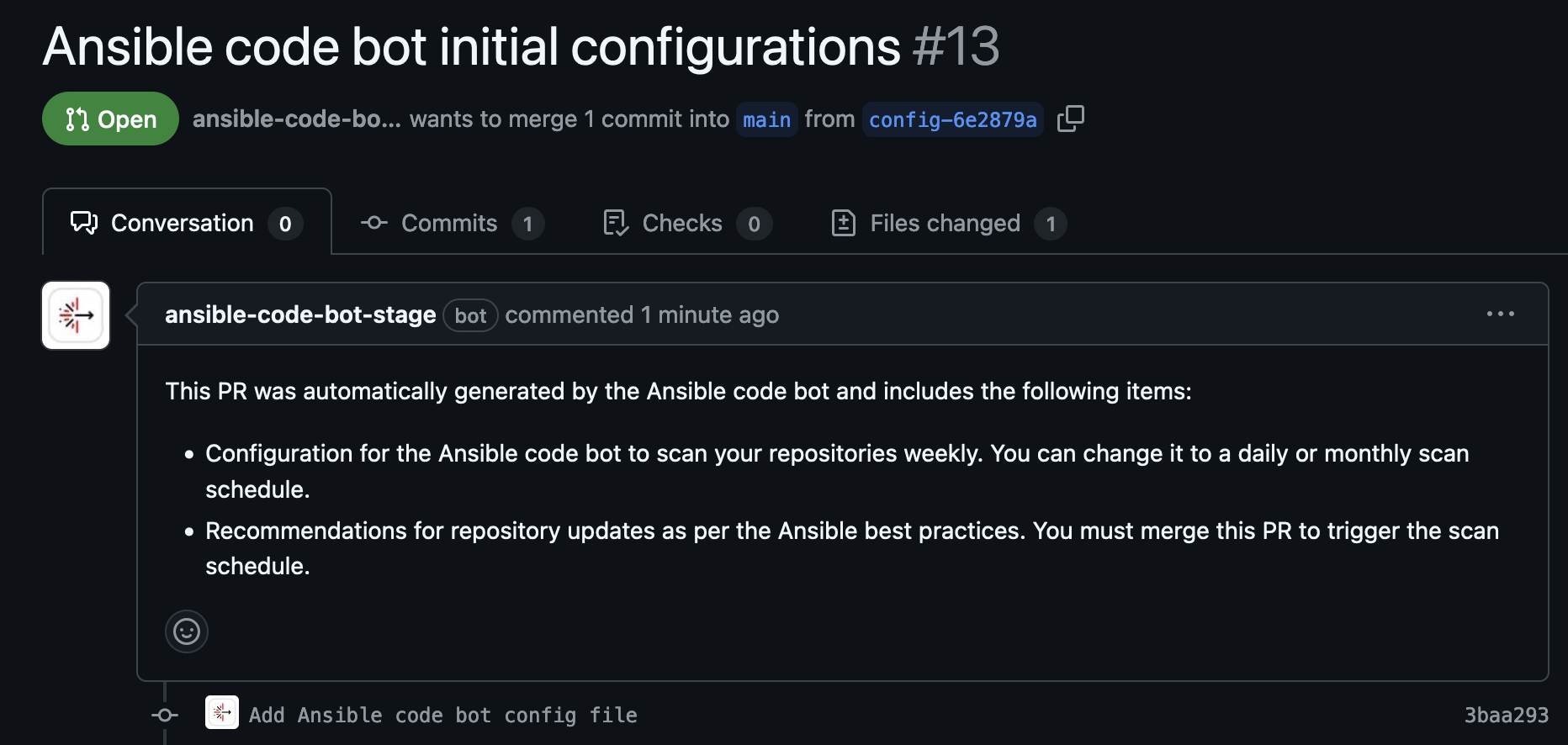 Ansible code bot settings