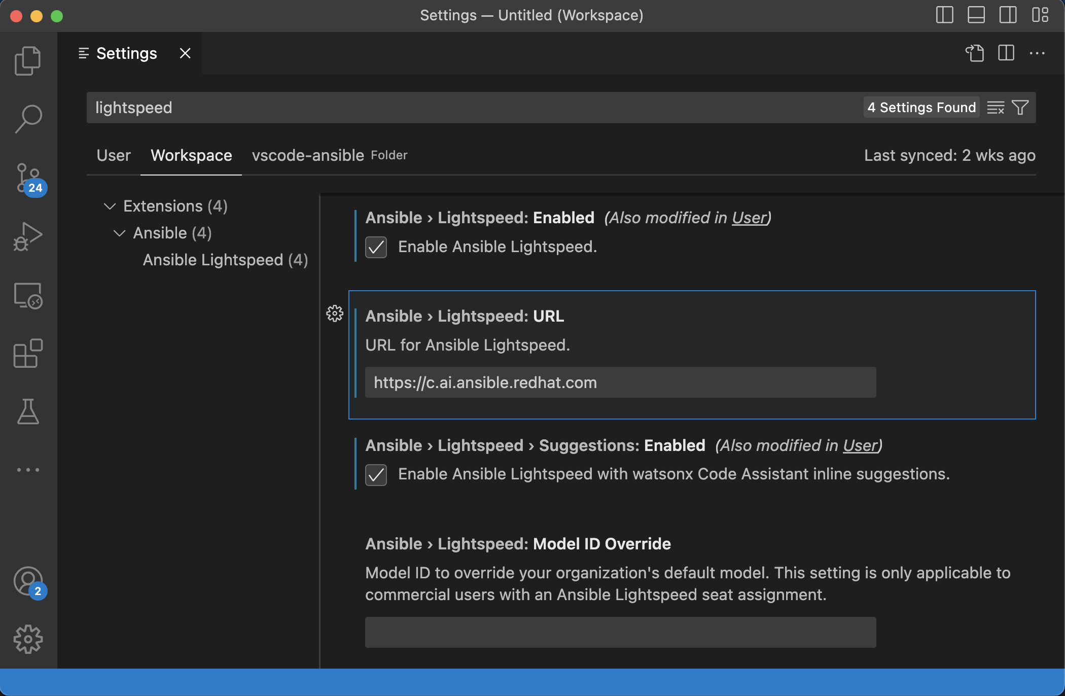 Configured settings for the Ansible VS Code extension